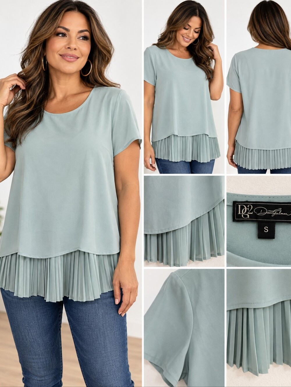 DG2 by Diane Gilman Pleated Underlayer Easy Blouse Mint Green Size Small